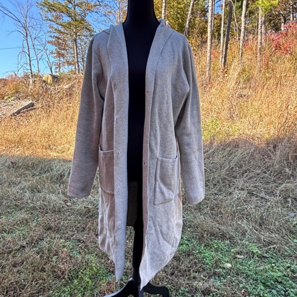 Denim‎ & Company Gray Hooded Cardigan Sweater women xl Button Pockets Cozy heavy